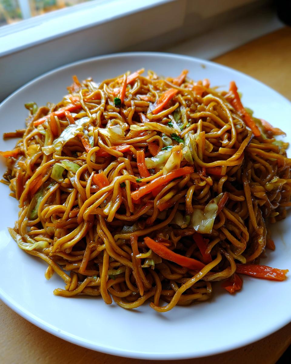 A close-up of a white plate piled high with savory, saucy fried noodles mixed with shredded carrots and cabbage.