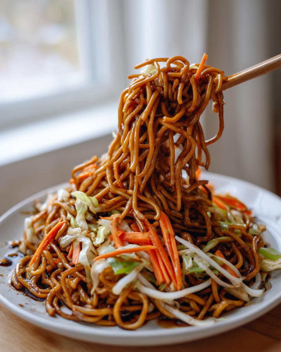 Chopsticks lifting a large portion of saucy, dark brown fried noodles mixed with shredded carrots and cabbage.