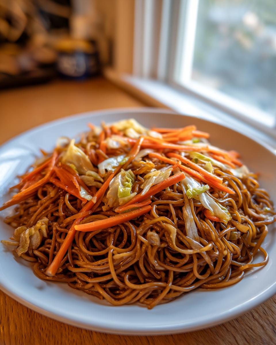 Close-up of a white plate piled high with savory brown fried noodles mixed with julienned carrots and cabbage.