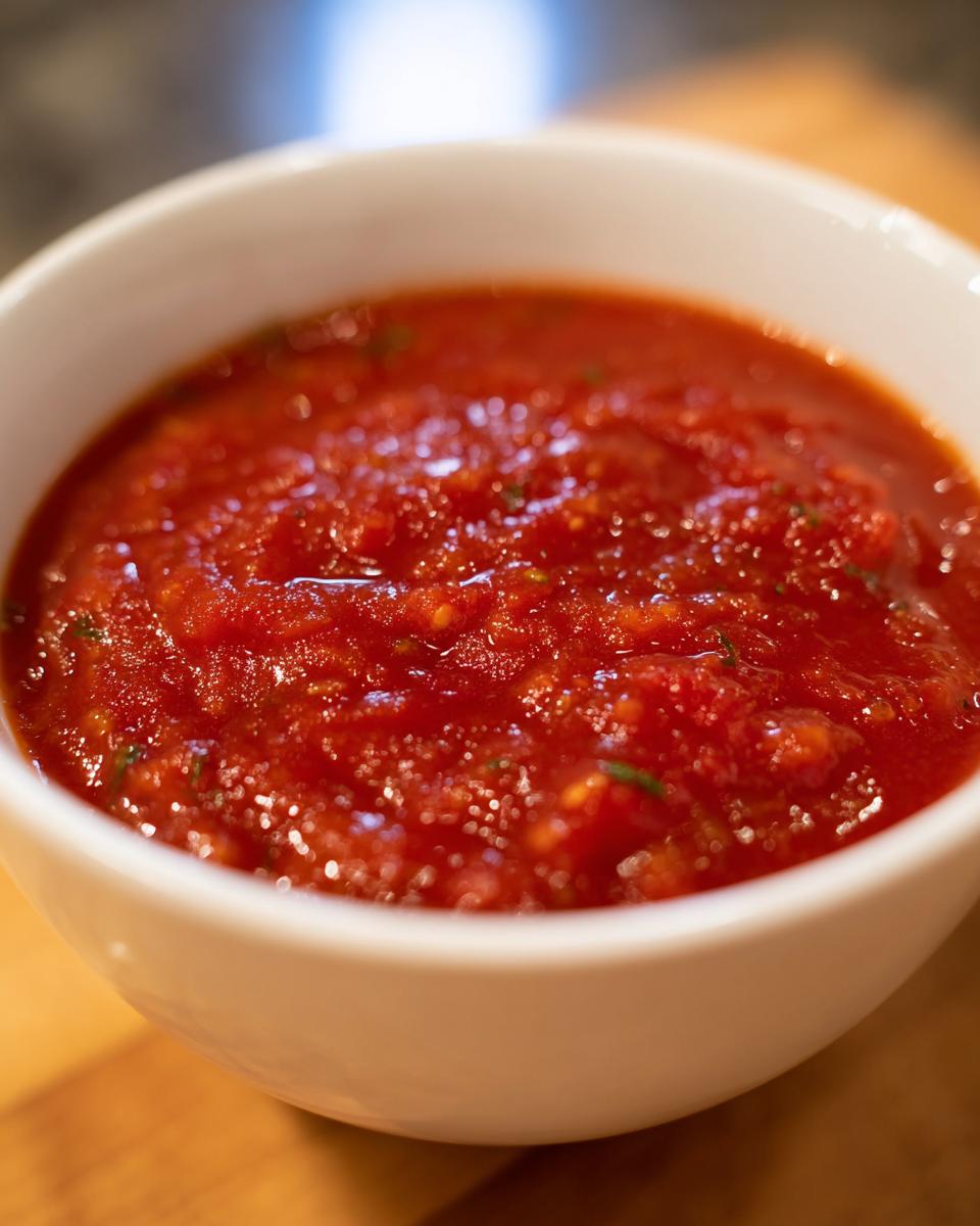 Close-up of vibrant, chunky homemade tomato sauce seasoned with herbs in a white bowl.