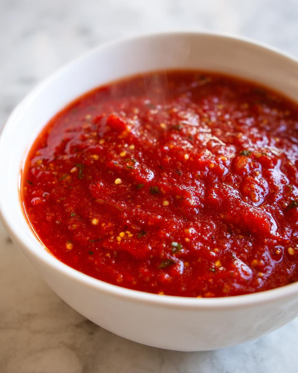 Close-up of steaming, rich red tomato sauce with visible seeds and herbs in a white bowl.