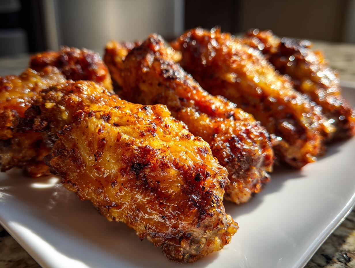 Close-up of perfectly cooked, crispy chicken wings arranged on a white plate, showing a golden-brown, seasoned exterior.