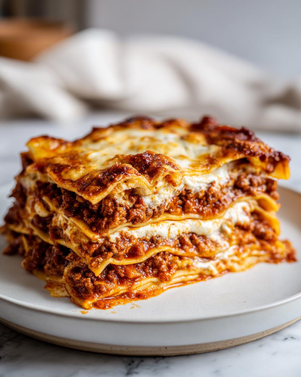 A tall, multi-layered slice of baked lasagna with rich meat sauce and melted cheese topping.