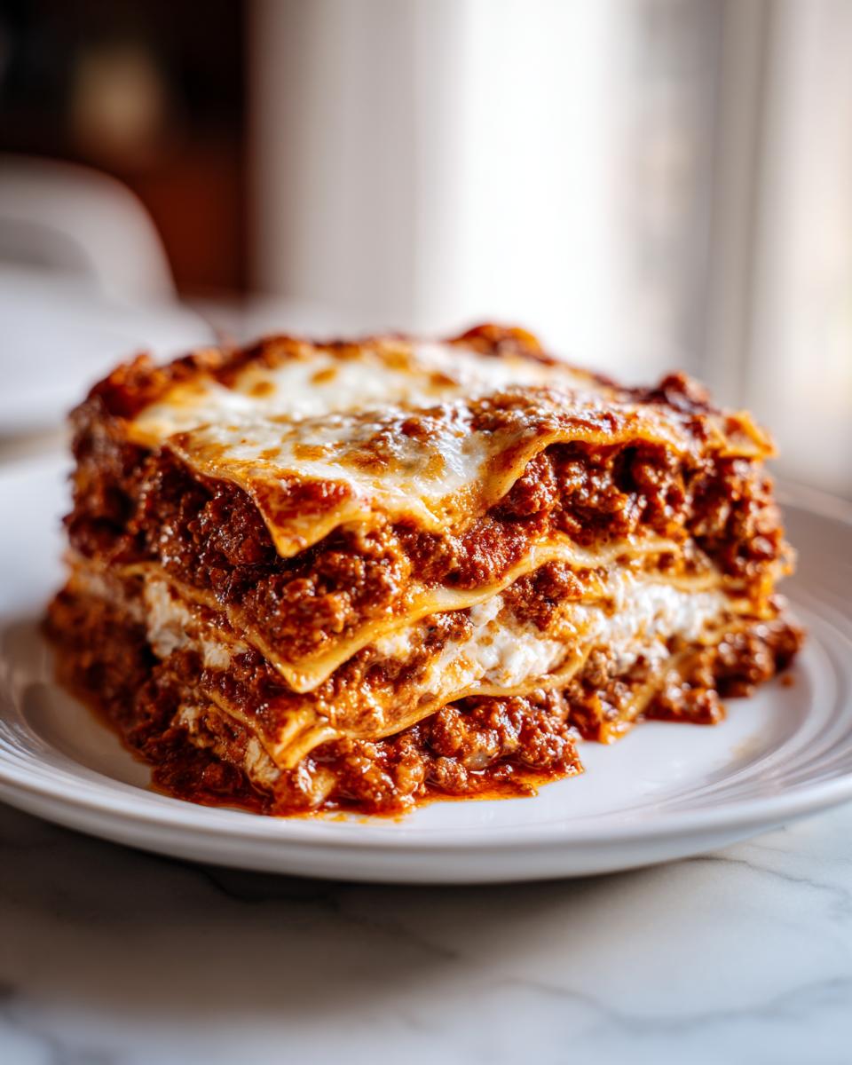 A tall, layered slice of rich meat lasagna topped with melted cheese, ready to eat.