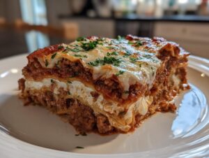 A thick, layered slice of amazing 580-calorie lasagna topped with melted cheese and fresh parsley.
