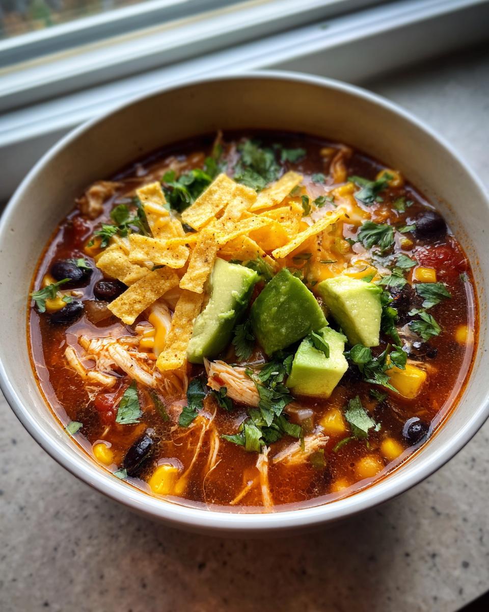 A close-up of a hearty bowl of tortilla soup filled with shredded chicken, black beans, corn, and topped with avocado, cilantro, and tortilla strips.