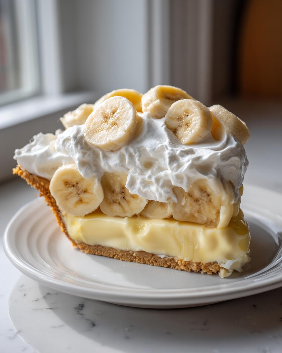 A tall, creamy slice of banana cream pie featuring a thick custard layer, sliced bananas, and whipped cream topping.