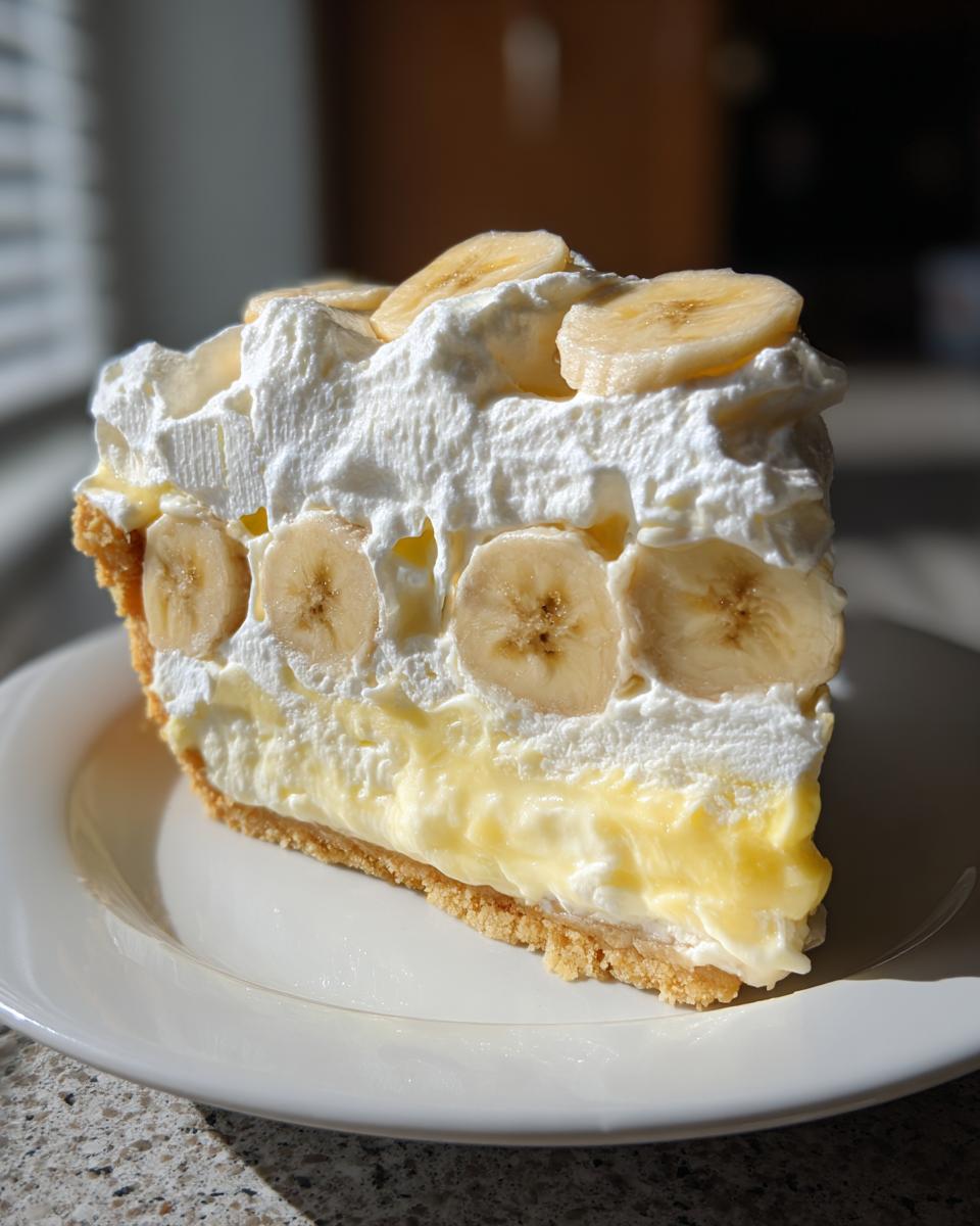 A generous slice of amazing banana cream pie featuring a graham cracker crust, thick custard, and layers of whipped cream and banana slices.