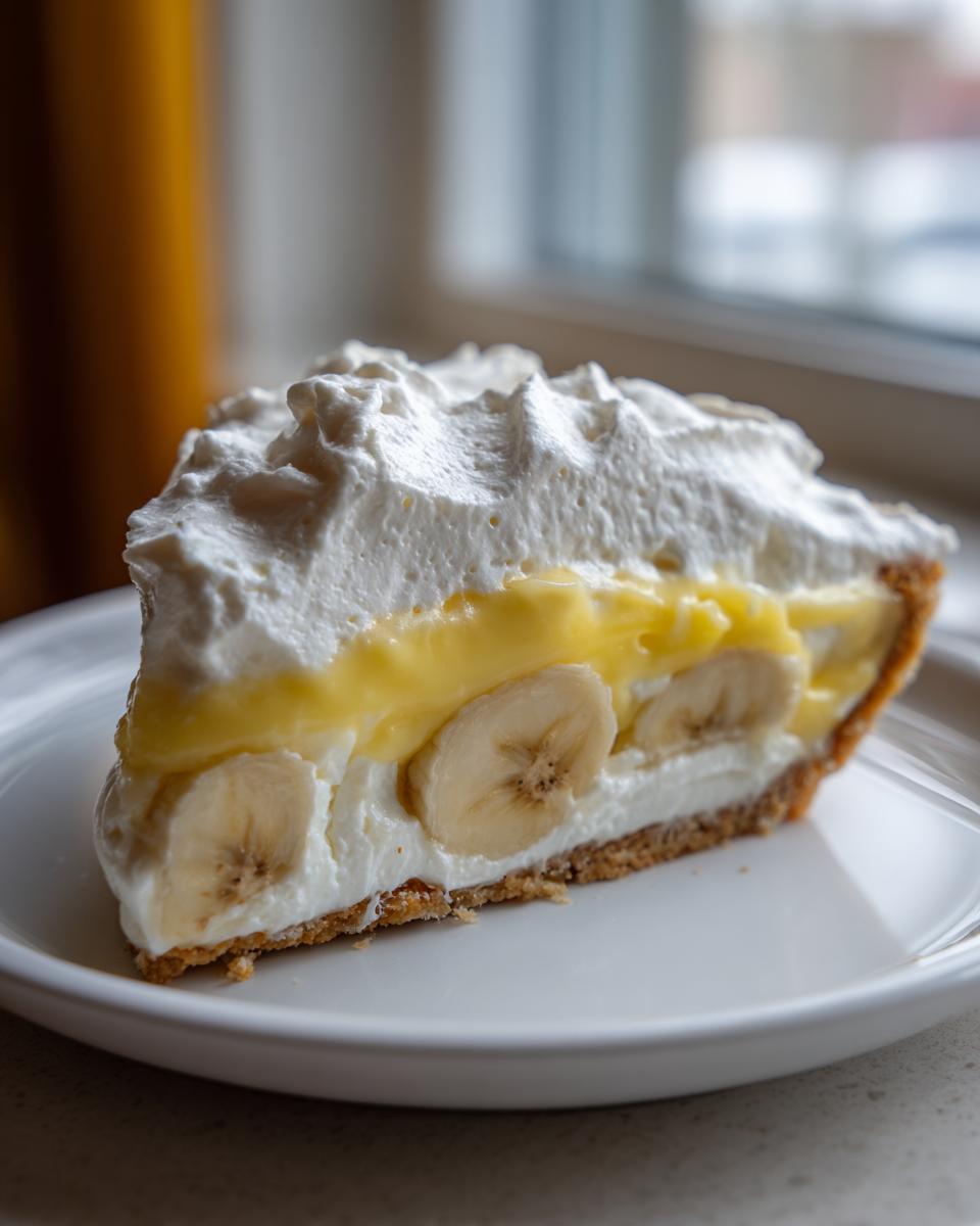 A perfect slice of banana cream pie showing layers of crust, bananas, custard, and thick whipped cream topping.