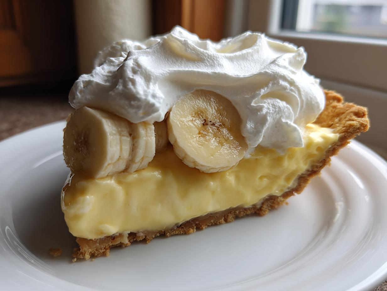 A close-up slice of amazing banana cream pie featuring thick custard, fresh banana slices, and a generous topping of whipped cream.