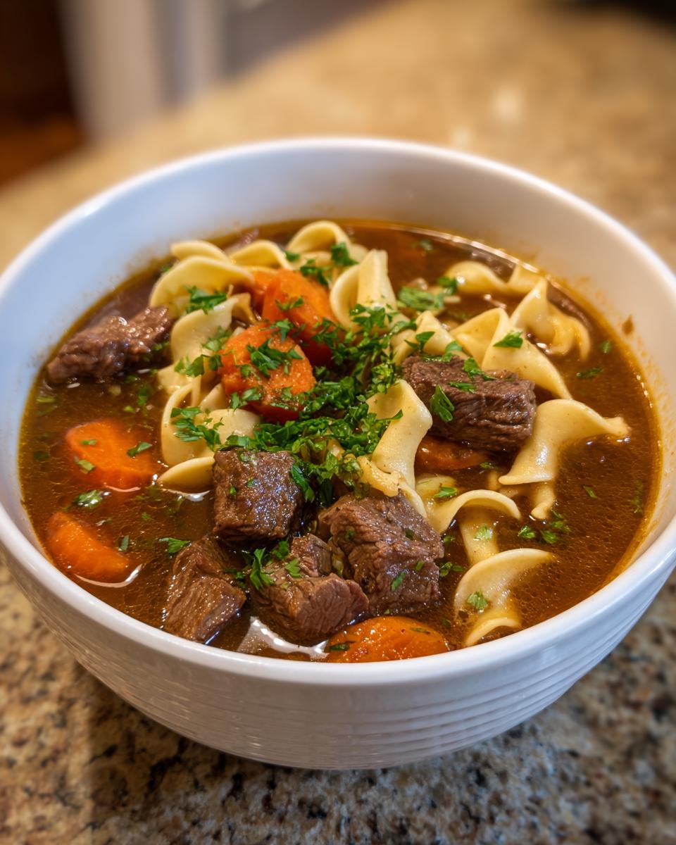 A close-up of a white bowl filled with amazing beef noodle soup, featuring chunks of beef, carrots, egg noodles, and fresh parsley.