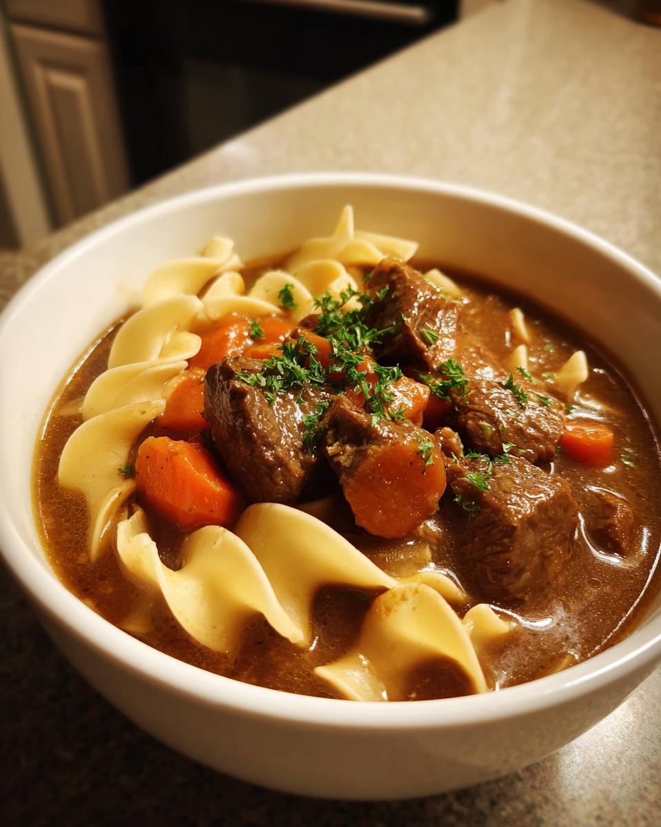 Close-up of a white bowl filled with rich beef noodle soup, featuring tender beef chunks, carrots, and egg noodles.