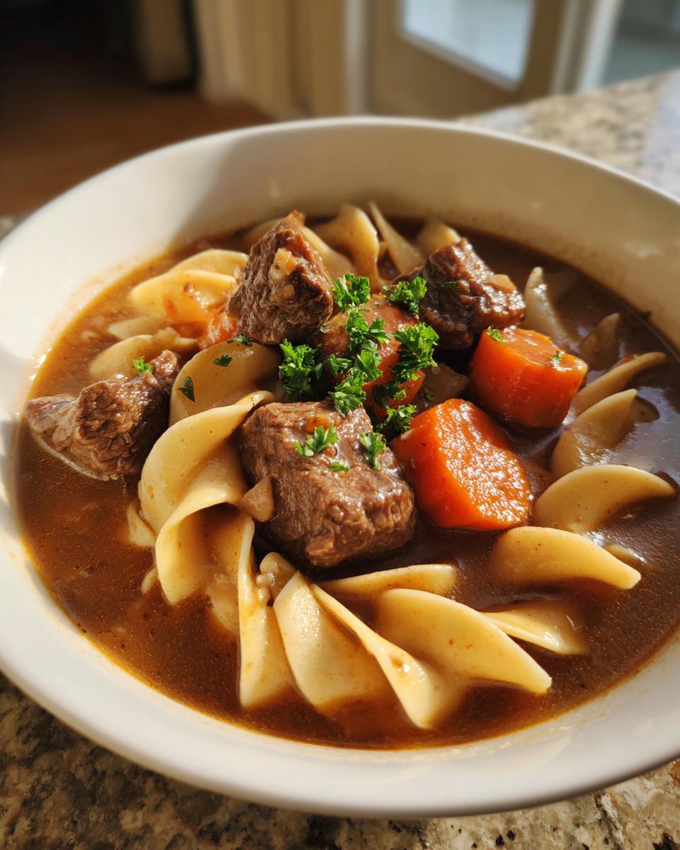 Close-up of a bowl of amazing beef noodle soup with chunks of beef, carrots, and egg noodles in rich broth.