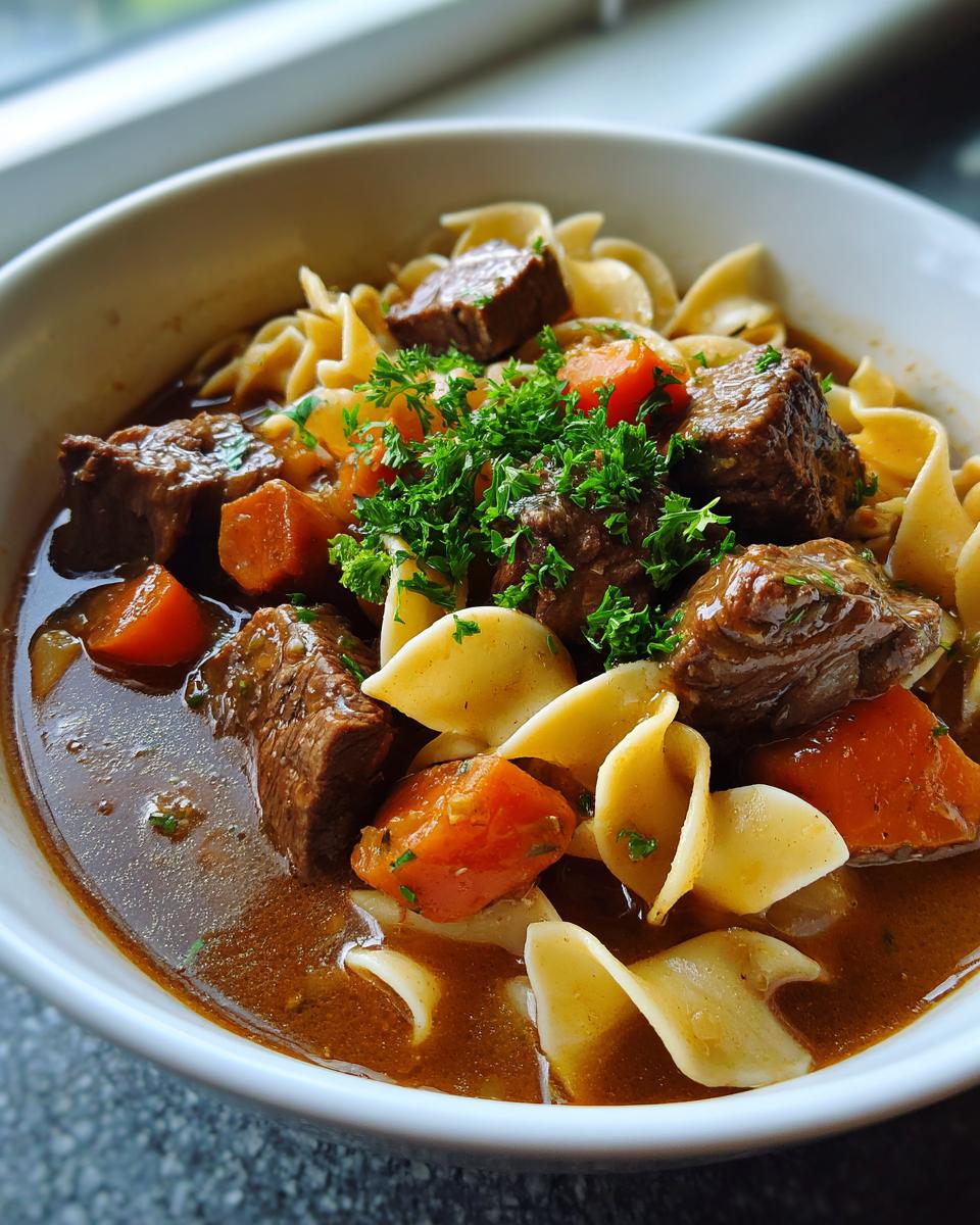 Close-up of a bowl of rich beef noodle soup featuring tender beef chunks, egg noodles, carrots, and fresh parsley garnish.