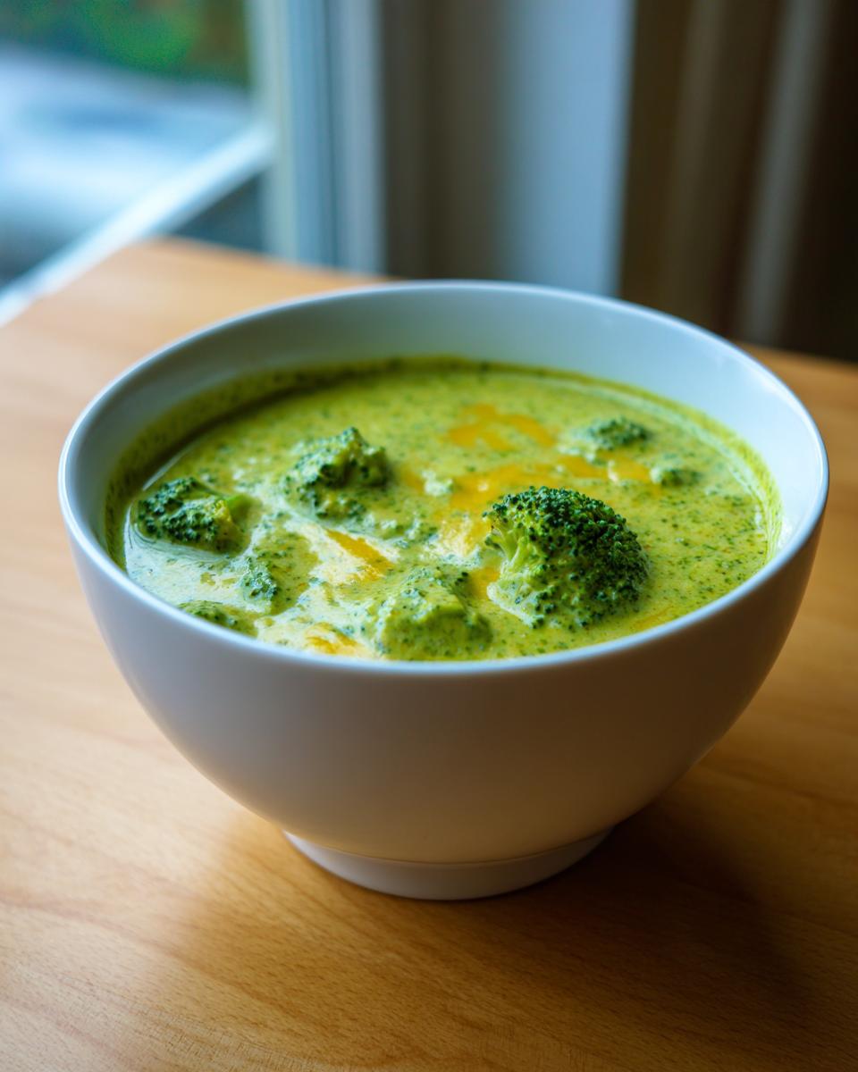 A close-up of a white bowl filled with creamy, vibrant green broccoli cheddar soup, featuring visible florets.
