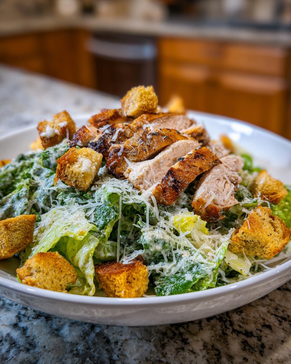 Close-up of a fresh chicken caesar salad topped with grilled chicken slices, large croutons, and grated Parmesan cheese.