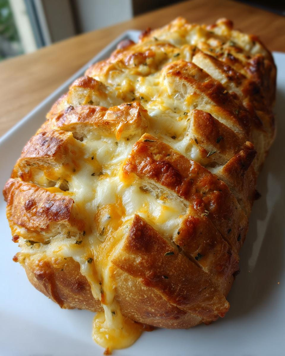 A loaf of freshly baked cheese bread, scored and filled with melted, gooey cheese and herbs.