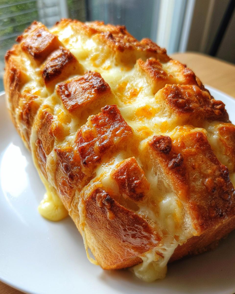 Close-up of a golden brown, baked cheese bread loaf with melted, gooey cheese oozing out.