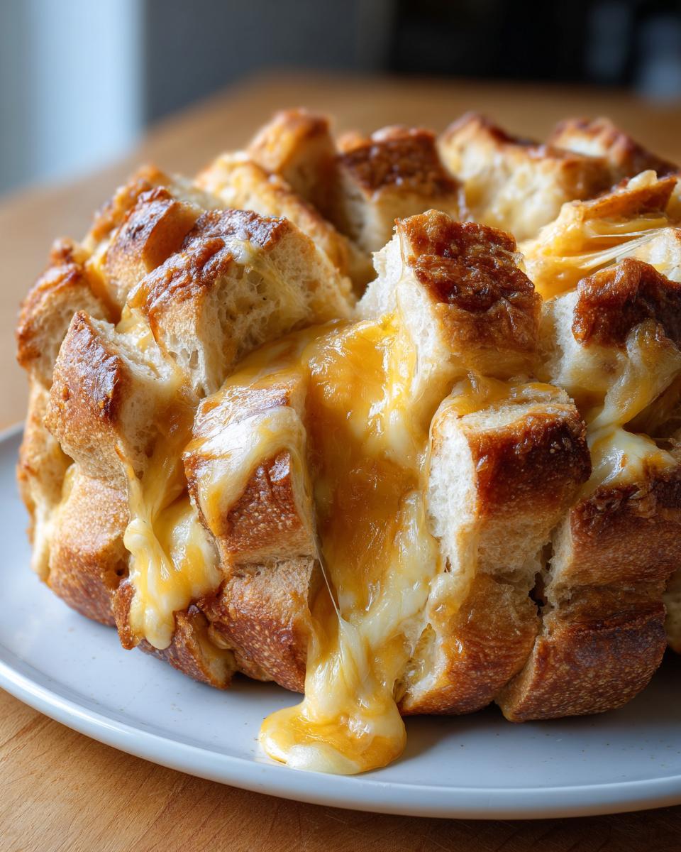 Close-up of a freshly baked cheese bread loaf, scored and filled with gooey, melted cheddar cheese.