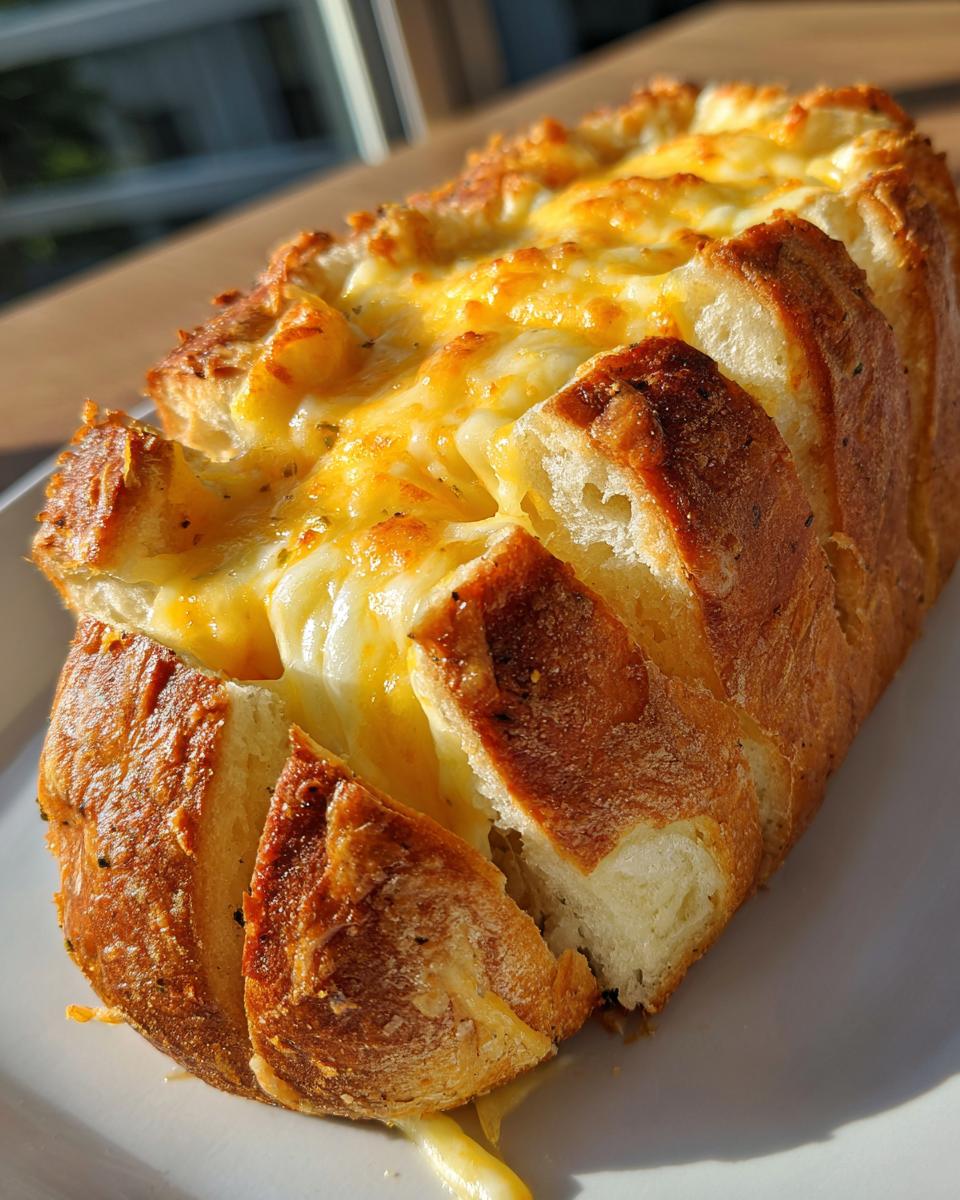 A loaf of freshly baked cheese bread, scored and filled with gooey, melted cheddar and mozzarella cheese.