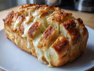 Close-up of a loaf of baked cheese bread, sliced and overflowing with melted, gooey cheese.
