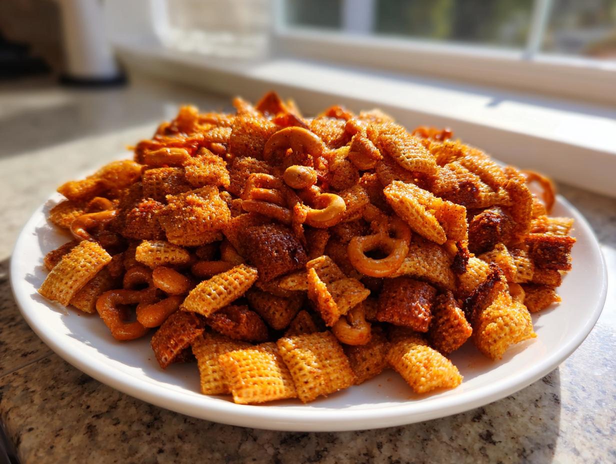A mound of freshly seasoned chex party mix, including cereal squares and pretzels, piled high on a white plate.