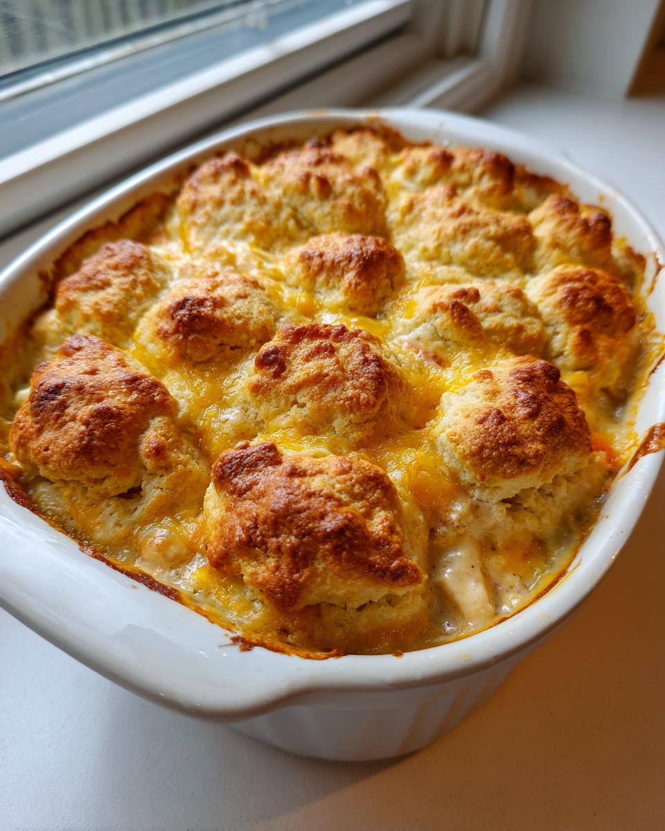 A freshly baked chicken cobbler casserole with golden biscuit topping and melted cheddar cheese.