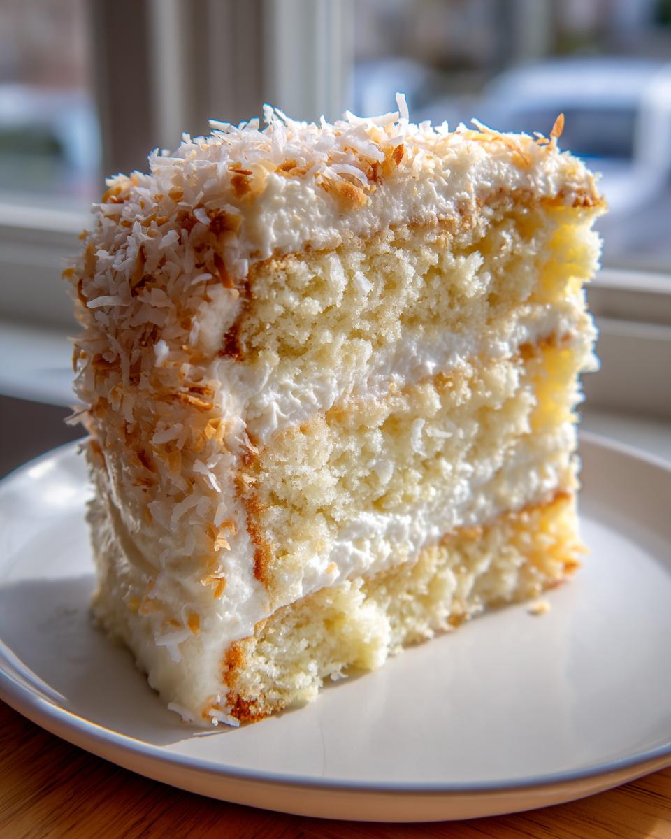 A tall, moist slice of layered coconut cake with white frosting and toasted coconut flakes on top.
