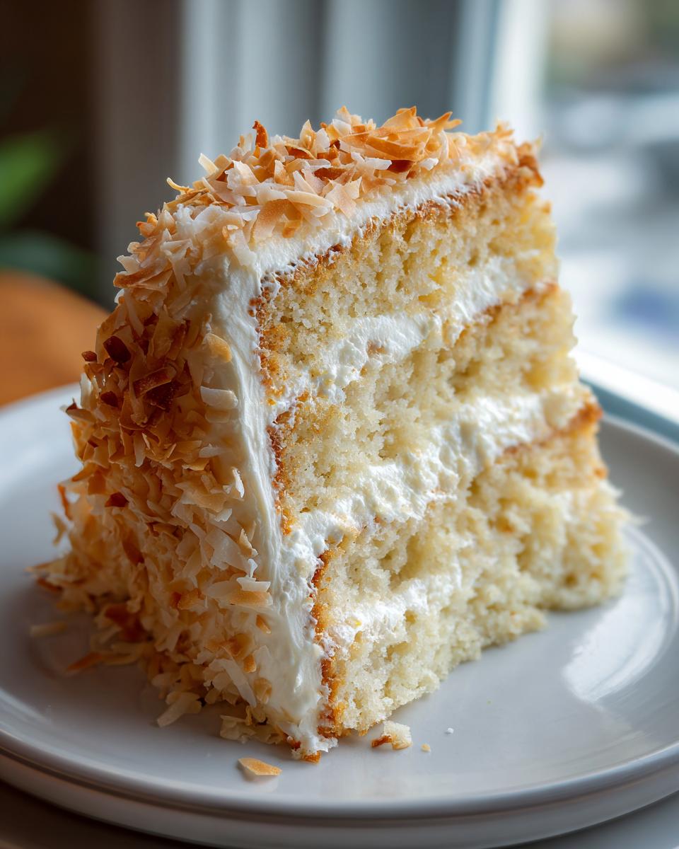 Close-up of a moist slice of coconut cake layered with white frosting and covered in toasted coconut flakes.