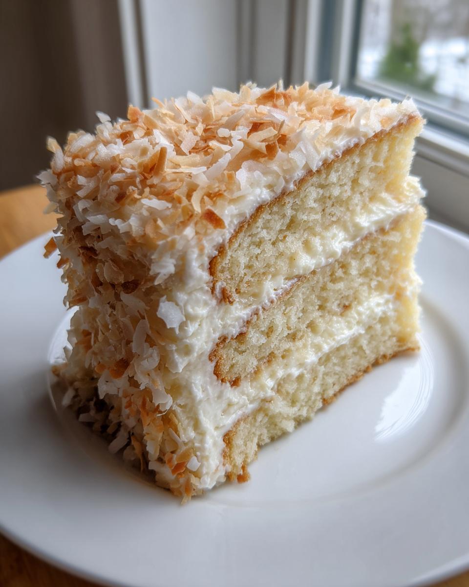 A delicious slice of layered coconut cake covered in white frosting and toasted coconut flakes.