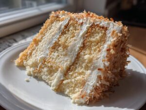 A tall slice of moist coconut cake layered with white frosting and covered in toasted coconut flakes.