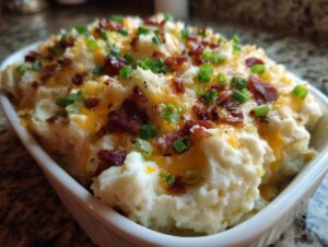 Close-up of a white dish filled with creamy loaded mashed potatoes topped with melted cheddar cheese, bacon bits, and green onions.