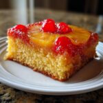 A moist slice of pineapple upside down cake topped with caramelized pineapple rings and maraschino cherries.