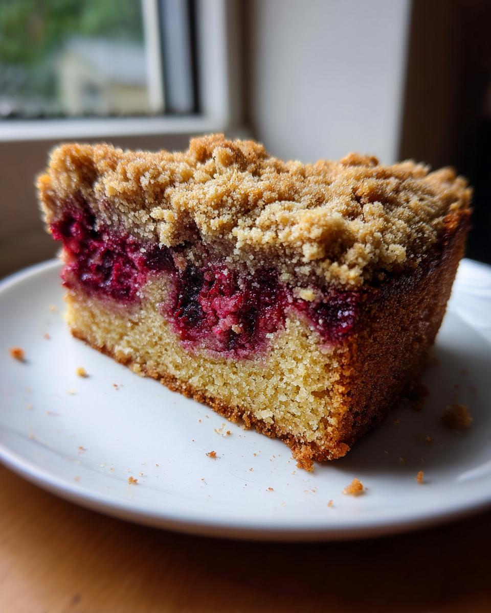 A moist slice of plum cake with a layer of dark red fruit and a thick, crumbly streusel topping, served on a white plate.