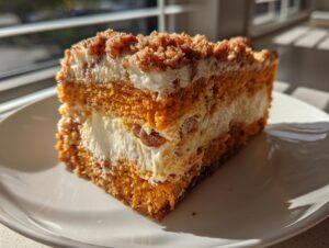 A close-up slice of pumpkin crunch dessert featuring layers of orange pumpkin cake, white cream filling, and a crunchy topping.