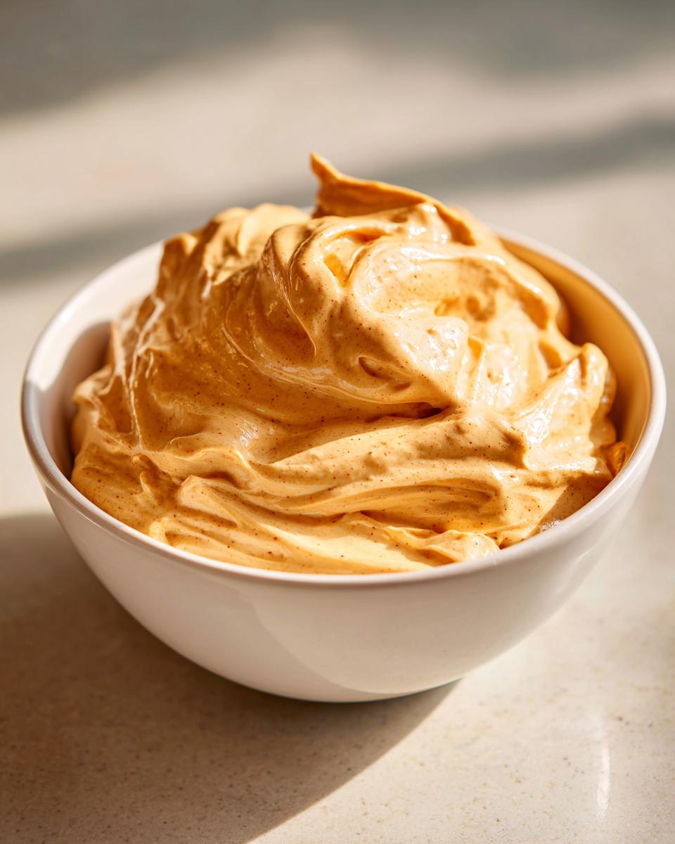 Close-up of creamy, orange-hued pumpkin fluff dessert swirled high in a white bowl.