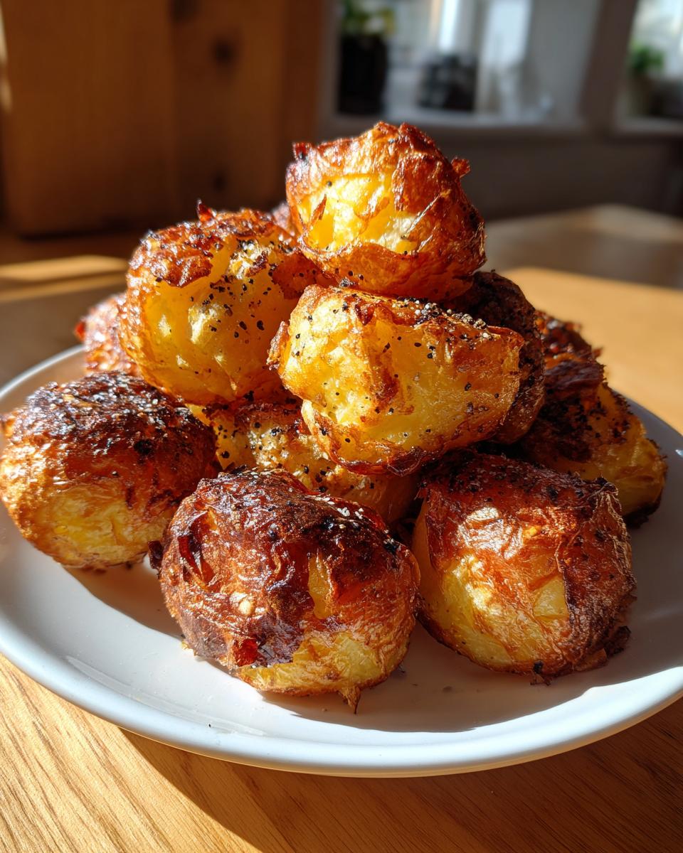 A pile of golden brown, incredibly crispy roast potatoes seasoned with pepper, ready to eat.