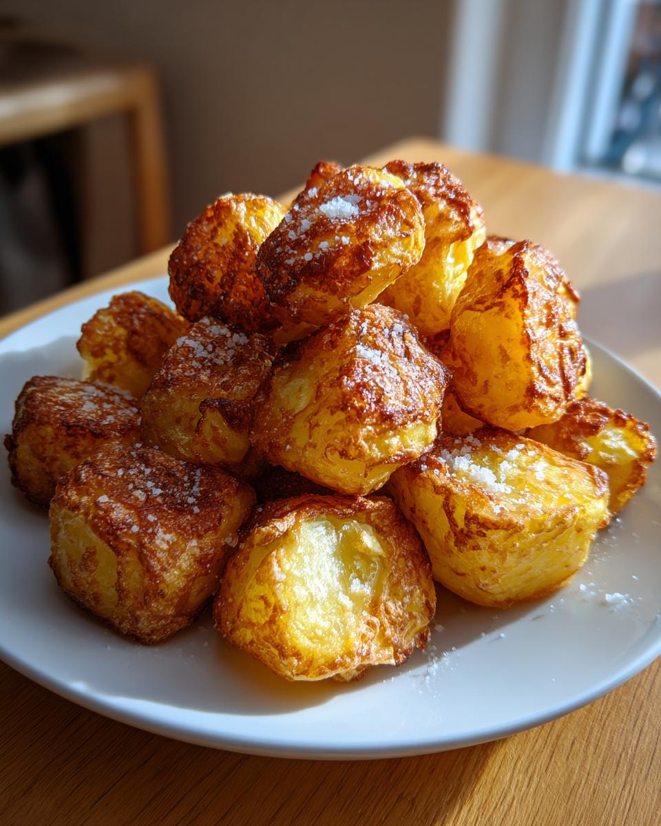 A pile of golden brown, incredibly crispy roast potatoes sprinkled with sea salt on a white plate.