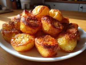 A pile of golden brown, incredibly crispy roast potatoes seasoned with cracked black pepper on a white plate.