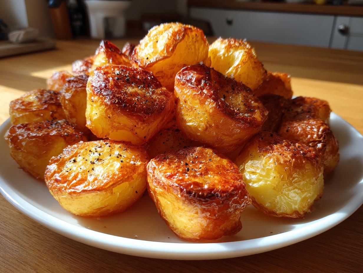A pile of golden brown, incredibly crispy roast potatoes seasoned with cracked black pepper on a white plate.