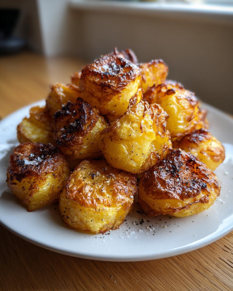 A mound of golden brown, incredibly crispy roast potatoes seasoned with coarse salt and pepper.