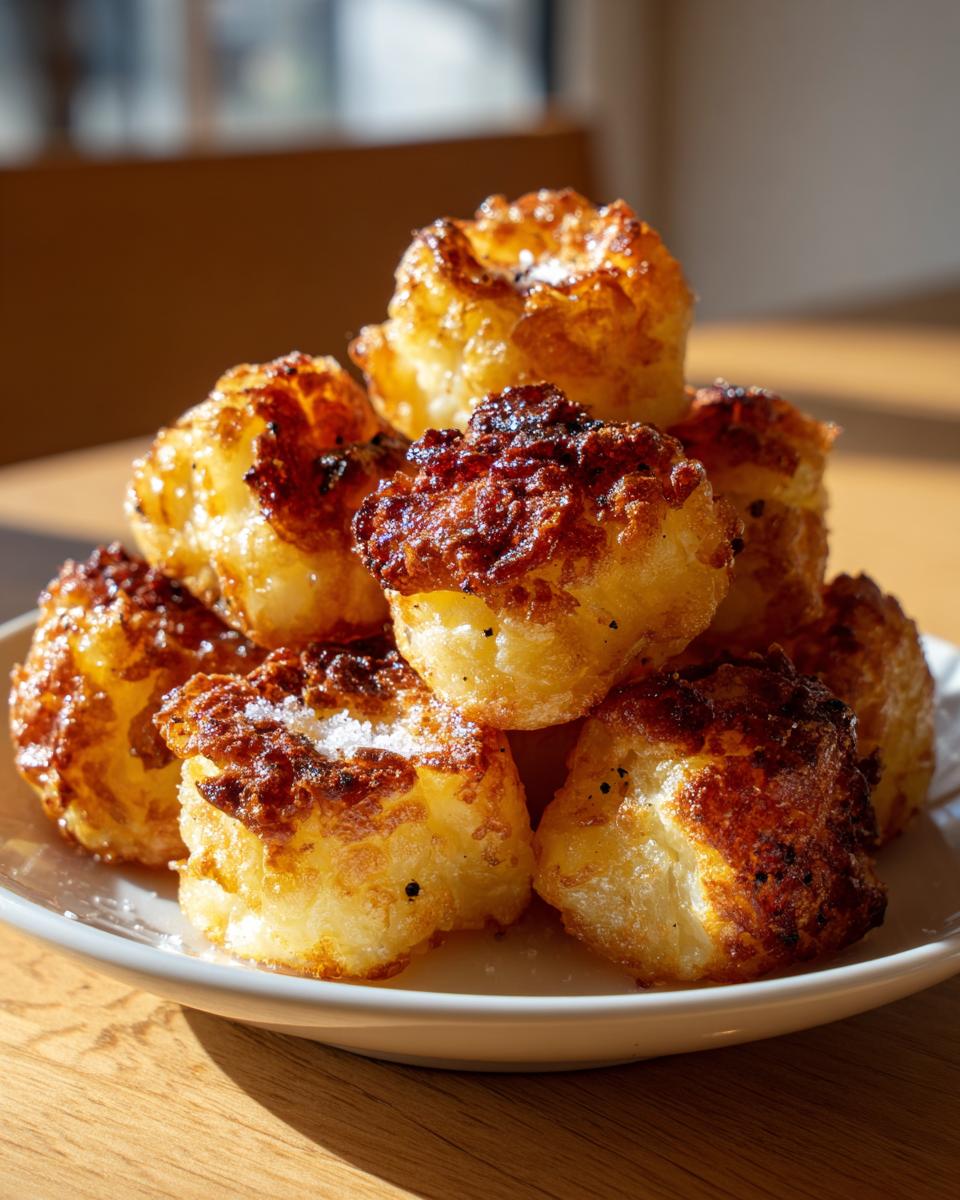 A stack of incredibly crispy, golden brown roast potatoes sprinkled with sea salt on a white plate.