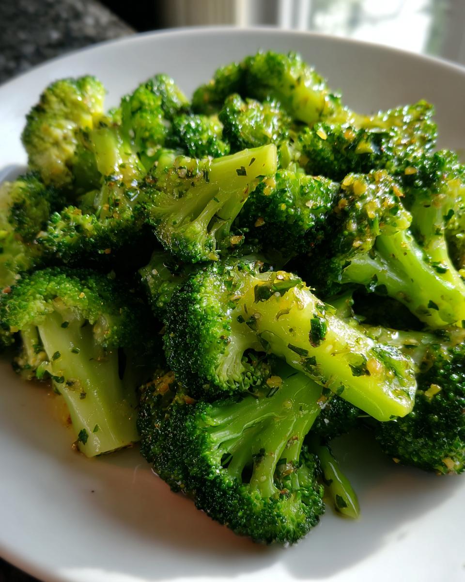 Close-up of bright green steamed broccoli tossed with herbs and seasoning on a white plate.