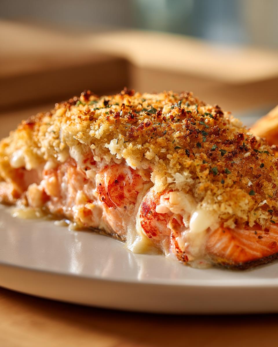 Close-up of a perfectly cooked stuffed salmon fillet topped with a golden, crunchy breadcrumb crust and creamy filling.