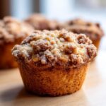 Close-up of a freshly baked sweet potato muffins topped with a thick layer of cinnamon streusel crumb topping.