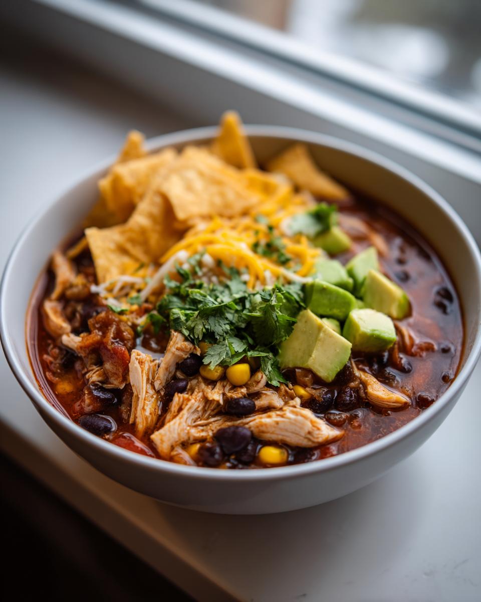 Close-up of a hearty bowl of tortilla soup filled with shredded chicken, black beans, corn, and topped with avocado, cheese, cilantro, and tortilla chips.