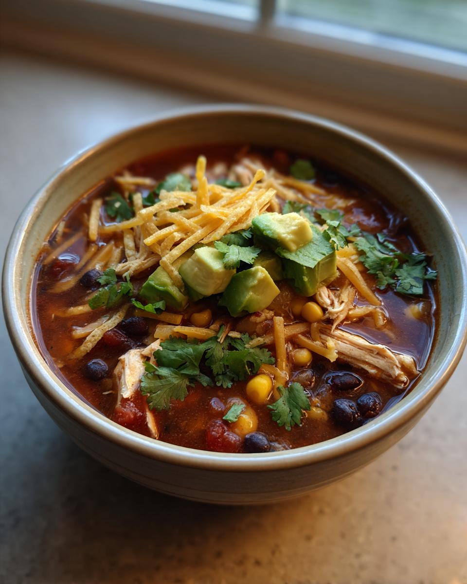 A close-up of a bowl of rich, dark broth tortilla soup topped with shredded chicken, black beans, corn, avocado, and crispy tortilla strips.