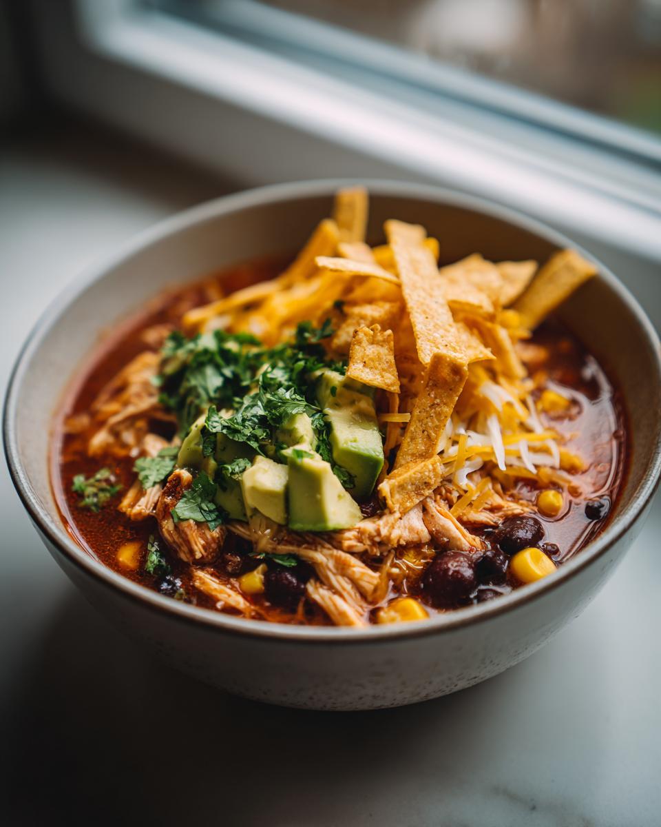 Close-up of a bowl of amazing 8-ingredient tortilla soup topped with shredded chicken, avocado, cheese, and tortilla strips.