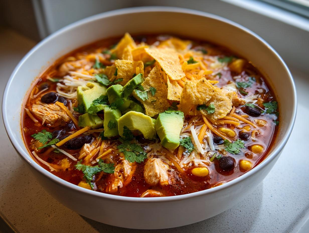 A close-up, appetizing shot of a bowl of amazing tortilla soup topped with avocado, shredded cheese, cilantro, and tortilla chips.