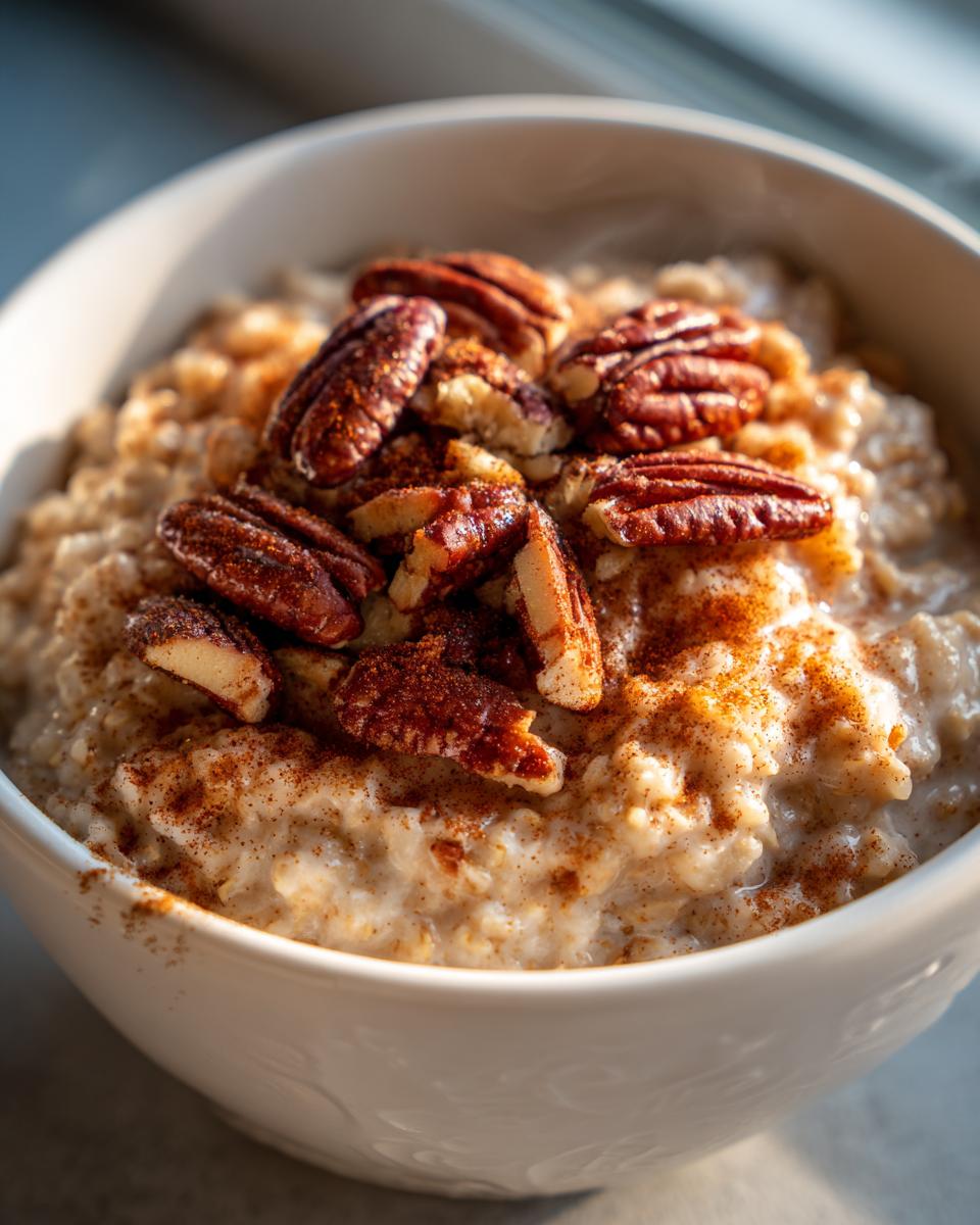 A close-up of creamy apple cinnamon oatmeal topped with whole pecans and a dusting of cinnamon.
